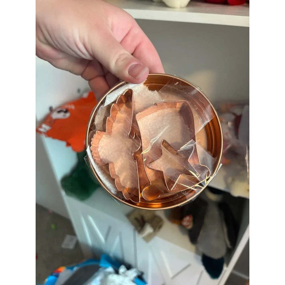 Copper Metal Cookie Cutter Set 3 Piece Star Boot Bird in Round Tin Rose Gold